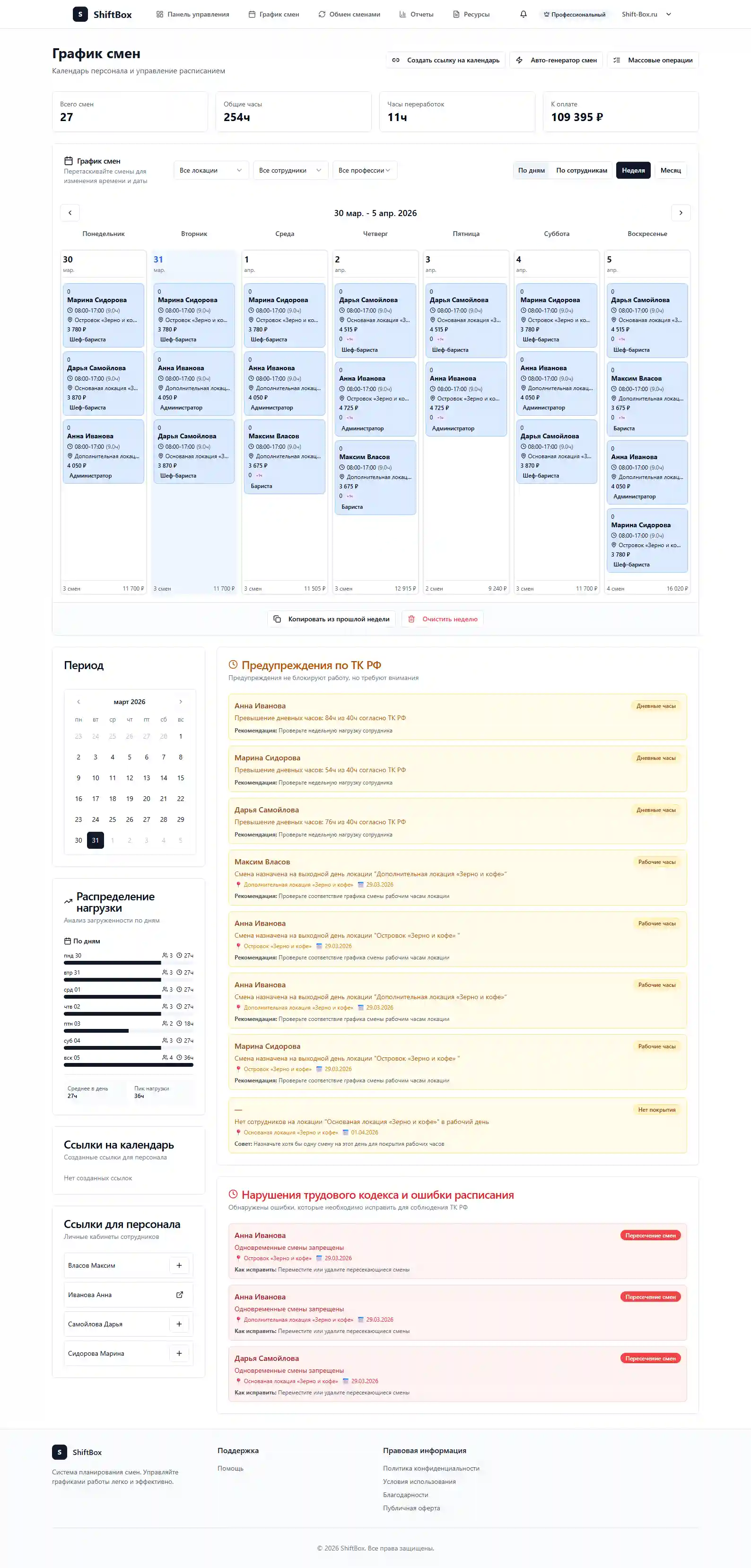 Планировщик смен ShiftBox - интерфейс календаря для управления сотрудниками
